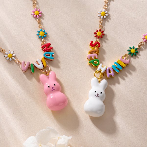 Personalised Cute Bunny Flower Colourful Name Necklace Friendship Jewellery Daily Wear Birthday Gift for Friends Besties