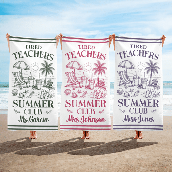Personalised Tired Teachers Summer Club Quick Dry Beach Towel with Name and Drawing Bag Summer Vacation Teacher's Day Gift for Women Teachers