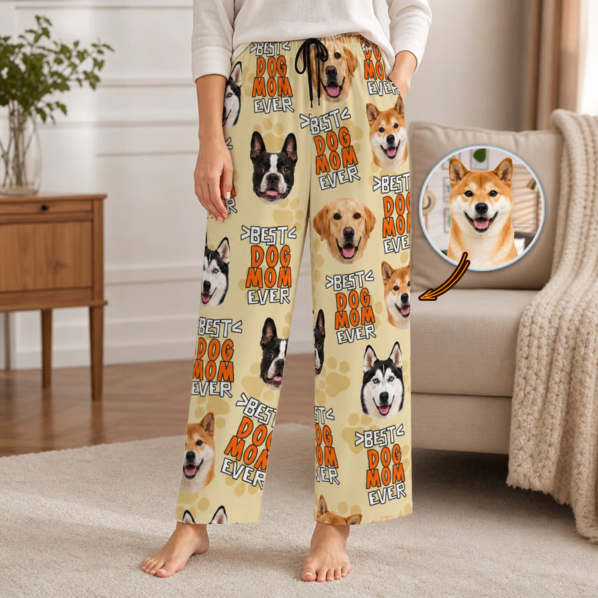 Individuell gestaltete, mehrfarbige, superbequeme, weiche und warme Schlafhose mit Hunde- oder Katzenfoto und Namen – ideale Hauskleidung und Geburtstagsgeschenk für Tierfreunde und die ganze Familie