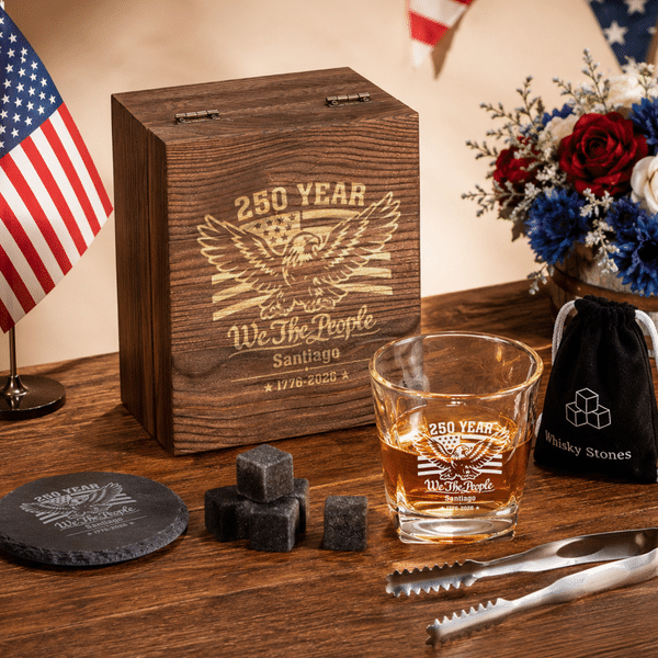 Personalized Vintage USA 250th Anniversary Whiskey Glass 4 Stones Wooden Box Set with Name Father's Day Birthday Anniversary Gift for Dad Man