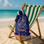 Personalisiertes, auffälliges Neon-Gaming-Motiv – Schnell trocknendes, übergroßes Strandtuch mit Kordelzug und Namenszug – Sommerurlaub, Strandparty, Geburtstagsgeschenk für Gamer und Kinder