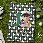 Personalised Cartoon Character Soft Golf Towel with Name Initial and Carabiner Daily Use Birthday Father's Day for Golfer Dad Family