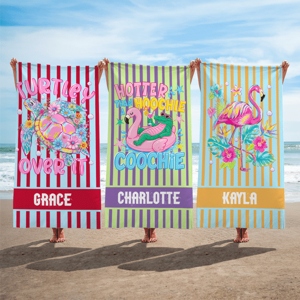 Personalized Funny Tropical Flamingo Quick Dry Oversized Beach Towel with Name Beach Party Birthday Gift for Women Girls