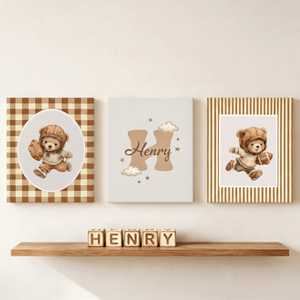 Personalized Sports Teddy Bear 3-Piece Canvas Prints with Name Bedroom Decor Ship from USA Birthday Gift for Kids New Parents