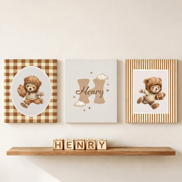 Personalized Sports Teddy Bear 3-Piece Canvas Prints with Name Bedroom Decor Ship from USA Birthday Gift for Kids New Parents