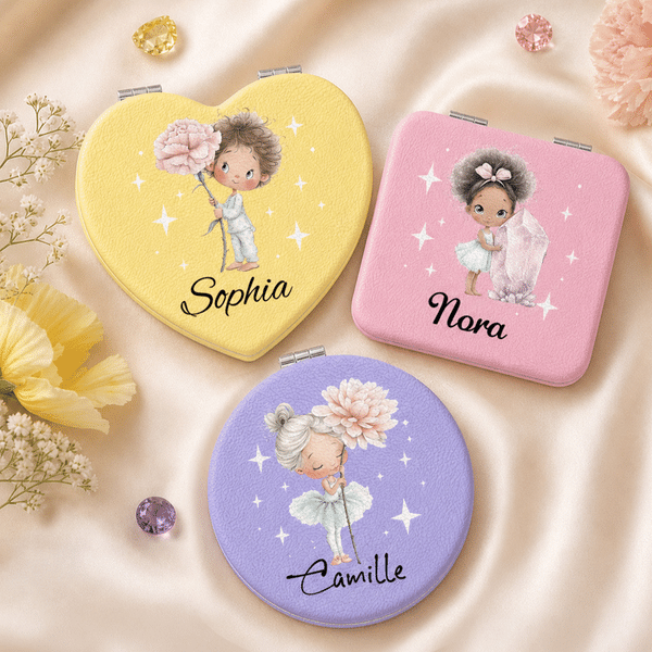Miroir de maquillage compact pour femme, personnalisé avec pierre de naissance et fleur de naissance, motif de petite fille, forme ronde ou carrée, avec prénom gravé – Cadeau portable idéal pour un an