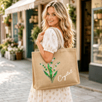 Personalisierte, farbenfrohe Jute-Tragetasche mit Geburtsstein und Geburtsblume, groß, mit Namen – unverzichtbar für den Alltag und auf Reisen, ein Geburtstagsgeschenk für Frauen und Mädchen