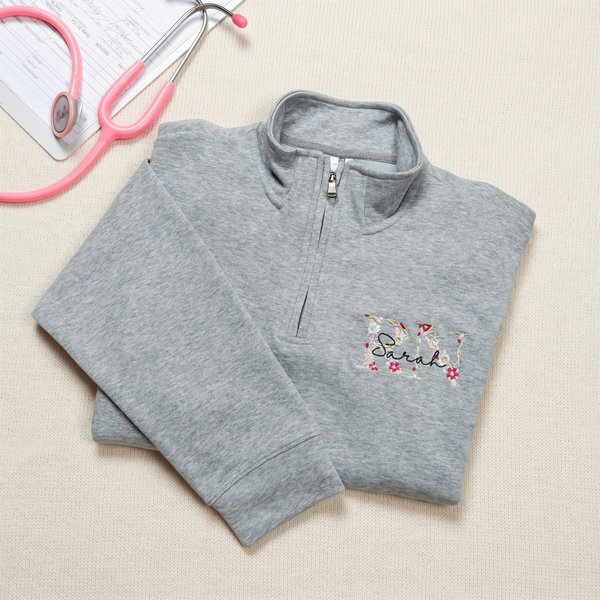 Personalized Colourful Embroidered Floral T-shirt Quarter Zip Sweatshirt Hoodie with Name and Occupation Nurse Week Appreciation Gift for Medical Staff