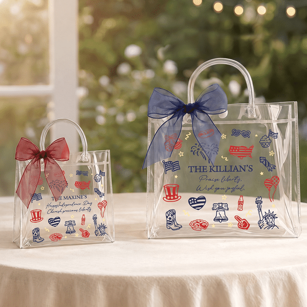 Personalized Lady Liberty Transparent Gift Bag with Text 4th of July Independence Day Party Gift for Family Friends
