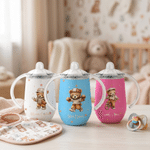 Personlig, flerfärgad sport-nalle i form av en 10 oz-termosmugg med dubbla handtag och namn – perfekt som present till babyshower eller födelsedag för spädbarn
