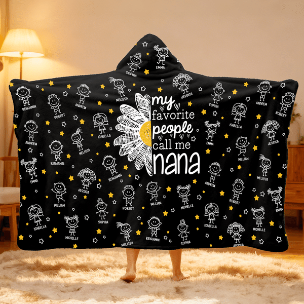 Personalised 1-16 Cartoon Line Art Kids Soft Cosy Hooded Blanket with Names Daily Use Mother's Day Birthday Gift for Gran Mum