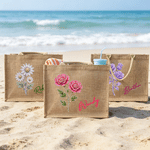 Personalisierte, farbenfrohe Jute-Tragetasche mit Geburtsstein und Geburtsblume, groß, mit Namen – unverzichtbar für den Alltag und auf Reisen, ein Geburtstagsgeschenk für Frauen und Mädchen
