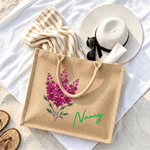 Personalisierte, farbenfrohe Jute-Tragetasche mit Geburtsstein und Geburtsblume, groß, mit Namen – unverzichtbar für den Alltag und auf Reisen, ein Geburtstagsgeschenk für Frauen und Mädchen