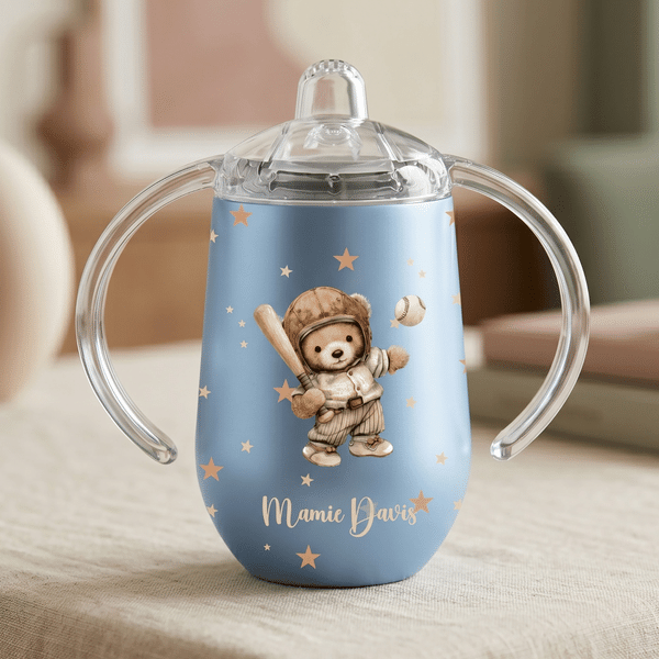 Personalised Multicolour Sports Teddy Bear 10 oz Insulated Sippy Cup with Dual Handle and Name Baby Shower Birthday Gift for Baby Infant