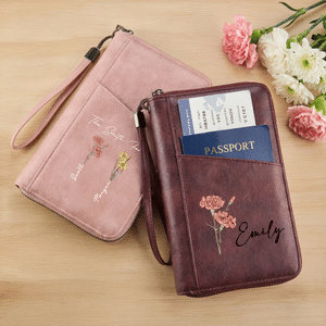 Personalized 1-5 Birth Flowers Title Names Portable PU Leather Passport Holder Wallet with Wristband Travel Essential Birthday Gift for Woman Mom