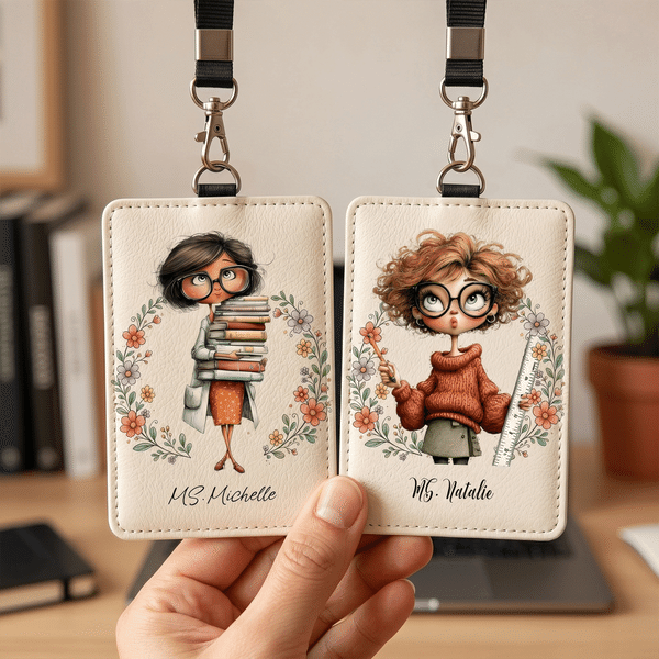 Personalized Cartoon Teacher Character PU Leather Card Holder with Text Back to School Teacher's Day Appreciation Gift for Teachers