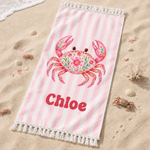 Personalized Folk Art Floral Marine Life Microfiber Tassel Beach Towel with Name and Drawstring Bag Birthday Summer Vacation Gift for Kids Women