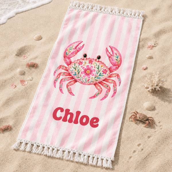 Personalized Folk Art Floral Marine Life Microfiber Tassel Beach Towel with Name and Drawstring Bag Birthday Summer Vacation Gift for Kids Women