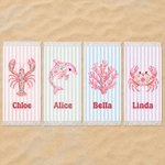 Personalized Folk Art Floral Marine Life Microfiber Tassel Beach Towel with Name and Drawstring Bag Birthday Summer Vacation Gift for Kids Women