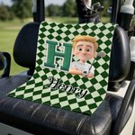 Personalised Cartoon Character Soft Golf Towel with Name Initial and Carabiner Daily Use Birthday Father's Day for Golfer Dad Family