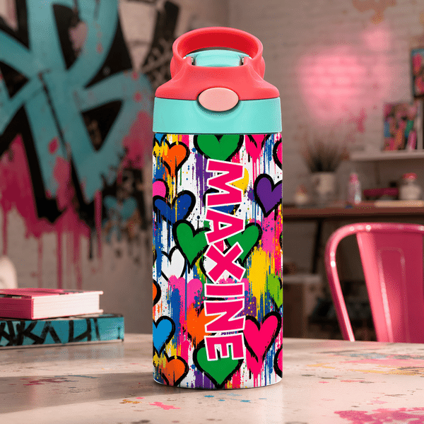 Personalized Graffiti Heart Name 12 oz Insulated Water Bottle with Straw and Spill-Proof Lid Back to School Birthday Gift for Students Kids