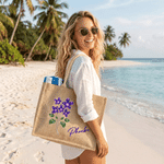Personalisierte, farbenfrohe Jute-Tragetasche mit Geburtsstein und Geburtsblume, groß, mit Namen – unverzichtbar für den Alltag und auf Reisen, ein Geburtstagsgeschenk für Frauen und Mädchen