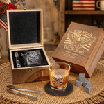 Personalized Vintage USA 250th Anniversary Whiskey Glass 4 Stones Wooden Box Set with Name Father's Day Birthday Anniversary Gift for Dad Man