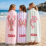 Personalized Folk Art Floral Marine Life Microfiber Tassel Beach Towel with Name and Drawstring Bag Birthday Summer Vacation Gift for Kids Women
