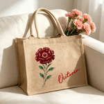 Personalisierte, farbenfrohe Jute-Tragetasche mit Geburtsstein und Geburtsblume, groß, mit Namen – unverzichtbar für den Alltag und auf Reisen, ein Geburtstagsgeschenk für Frauen und Mädchen