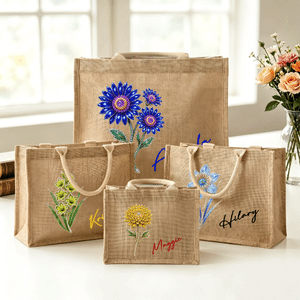 Personalized Colorful Birthstone Birth Flower Large Jute Tote Bag with Name Daily Use Travel Essential Birthday Gift for Women Girls