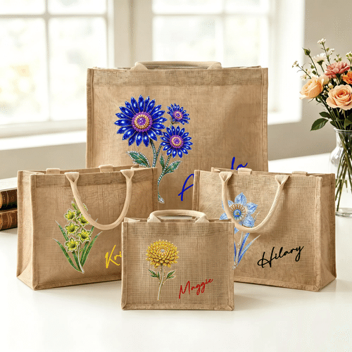 Bolso grande de yute personalizado, colorido, con la piedra y la flor del mes de nacimiento, y el nombre; ideal para el día a día y los viajes; regalo de cumpleaños imprescindible para mujeres y niñas