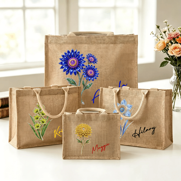 Personalized Colourful Birthstone Birth Flower Large Jute Tote Bag with Name Daily Use Travel Essential Birthday Gift for Women Girls