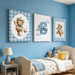Personalized Sports Teddy Bear 3-Piece Canvas Prints with Name Bedroom Decor Ship from USA Birthday Gift for Kids New Parents