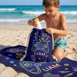 Personalisiertes, auffälliges Neon-Gaming-Motiv – Schnell trocknendes, übergroßes Strandtuch mit Kordelzug und Namenszug – Sommerurlaub, Strandparty, Geburtstagsgeschenk für Gamer und Kinder