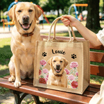 Personalised Birth Flower Pet Photo Large Jute Tote Bag with Name Birthday Gift for Pet Lovers Owners