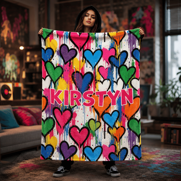 Personalized Colourful Graffiti Heart Pattern Soft Warm Sherpa Fleece Blanket with Name Home Decor Birthday Gift for Men Women