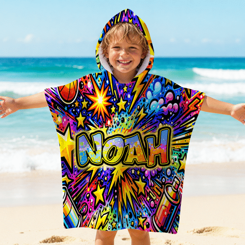 Toalla de playa con capucha personalizada con nombre y diseño de arte urbano y grafitis, de secado rápido. Imprescindible para el verano y los viajes; regalo ideal para cumpleaños y vacaciones para ni
