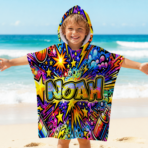 Personalized Street Art Graffiti Name Soft Quick Dry Hooded Beach Towel Summer Travel Essential Birthday Vacation Gift for Kids