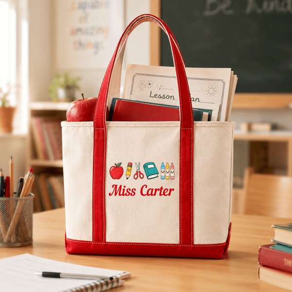 Personalized Multicolor Red Apple Pencil Scissors Book Canvas Tote Bag with Text Birthday Daily Use Gift for Preschool Elementary School Teachers