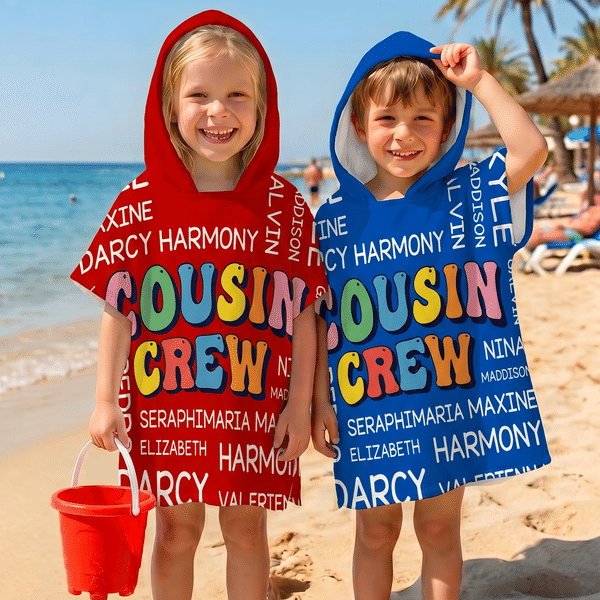 Personalized Cousin Crew Word Cloud Soft Quick Dry Hooded Beach Towel with Name Summer Vacation Essential Birthday Gift for Kids