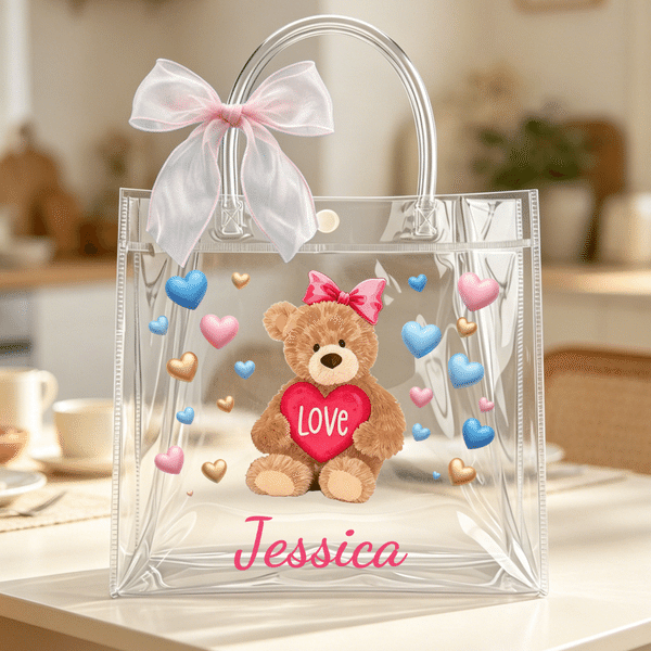 Personalized Pink Blue Bow Heart Bear Clear Gift Bag with Name Birthday Anniversary Gift for Classmate Girlfriend