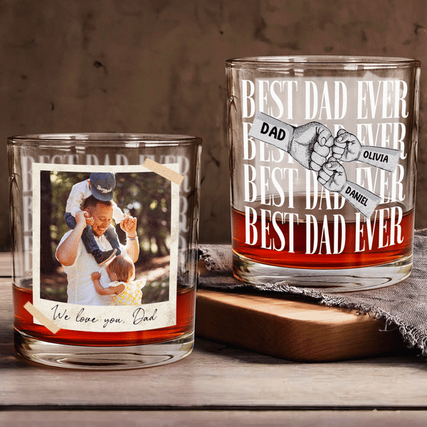 Personalized Fist Bump Photo 10 oz Rock Whiskey Glass with Text Name and Title Father's Day Birthday Gift for Dad Grandfather