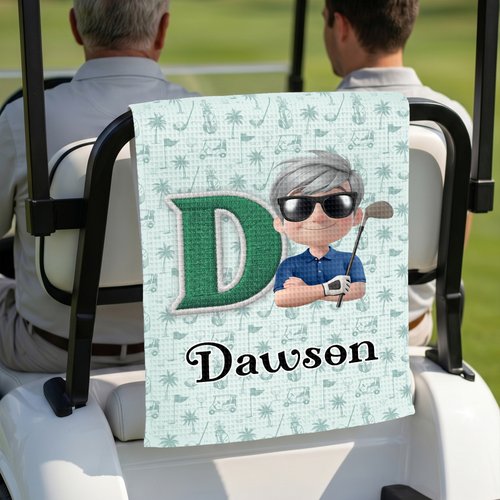 Toalla de golf suave personalizada con personaje de dibujos animados, inicial del nombre y mosquetón. Ideal para el uso diario, como regalo de cumpleaños o para el Día del Padre, para papás golfistas 