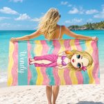 Personalized Colorful Stripes Cartoon Woman Character Soft Quick Dry Beach Towel with Name Vacation Beach Party Gift for Women