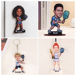 Personalised Pickleball Comics Face Photo Wooden Acrylic Keyring Car Charm Magnet Standee with Name Birthday Gift for Pickleball Lovers Players