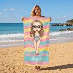 Personalized Colorful Stripes Cartoon Woman Character Soft Quick Dry Beach Towel with Name Vacation Beach Party Gift for Women