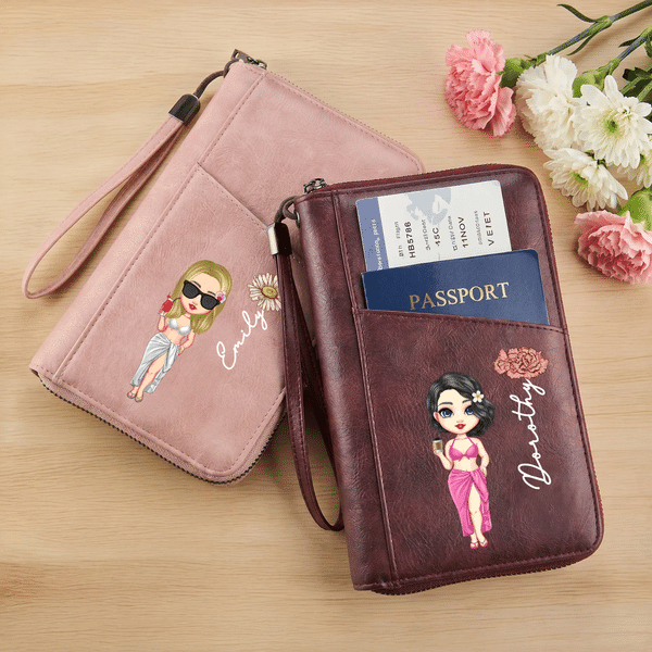 Personalized Cartoon Character Birth Flower Portable PU Leather Passport Holder Wallet with Name Travel Essential Birthday Gift for Travel Lovers