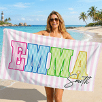 Personalized Bold Bright Letter Striped Oversized Quick Dry Beach Towel with Name and Surname Beach Party Birthday Gift for Family Friends