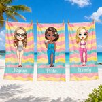 Personalized Colorful Stripes Cartoon Woman Character Soft Quick Dry Beach Towel with Name Vacation Beach Party Gift for Women