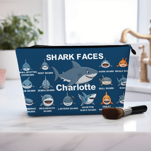 Personalized Shark Faces Portable Makeup Bag with Name Daily Use Travel Essential Birthday Gift for Woman Girl Shark Lover